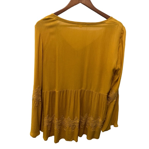 TAYLOR & SAGE MUSTARD YELLOW EMBROIDERY LACE DETAIL BELL SLEEVE BOHO BLOUSE SZ S - Picture 7 of 11